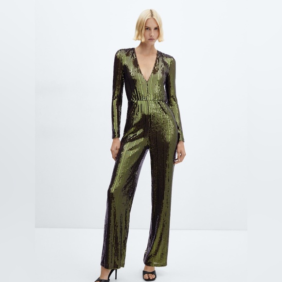 Mango Pants - Mango Green Sequin Jumpsuit – Deep V Neck Party Statement Piece Brand New
